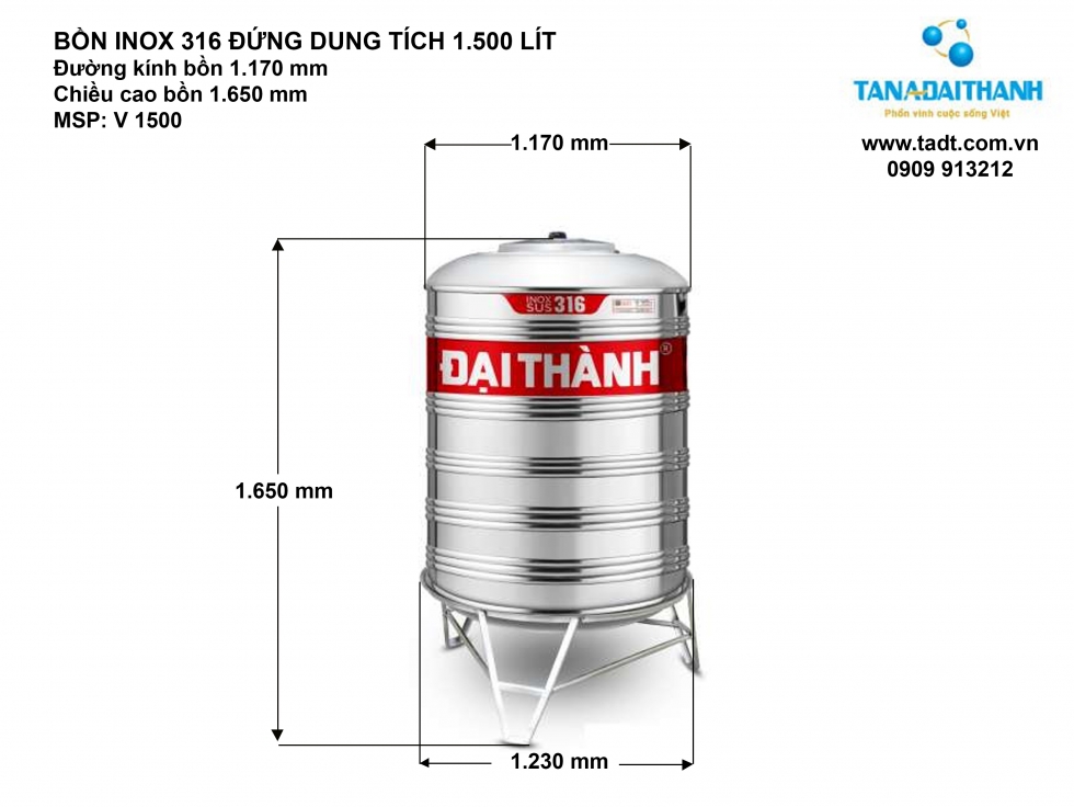 Kích thước bồn nước inox 1500 lít đứng