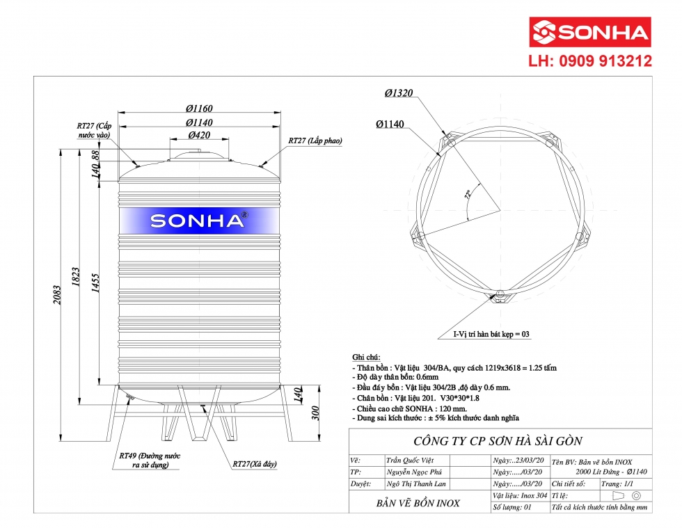 Bản vẽ bồn nước inox 2000 lít