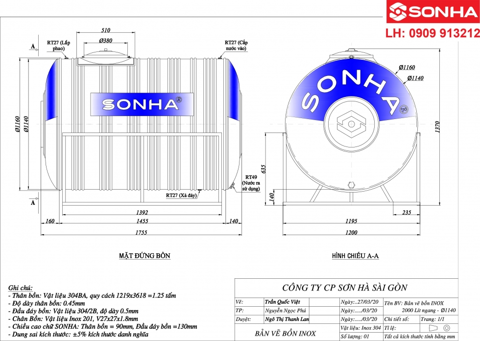 Bản vẽ bồn nước inox 2000 lít