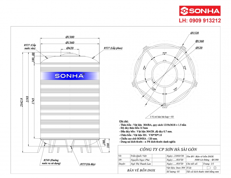 Bản vẽ bồn nước inox 3000 lít