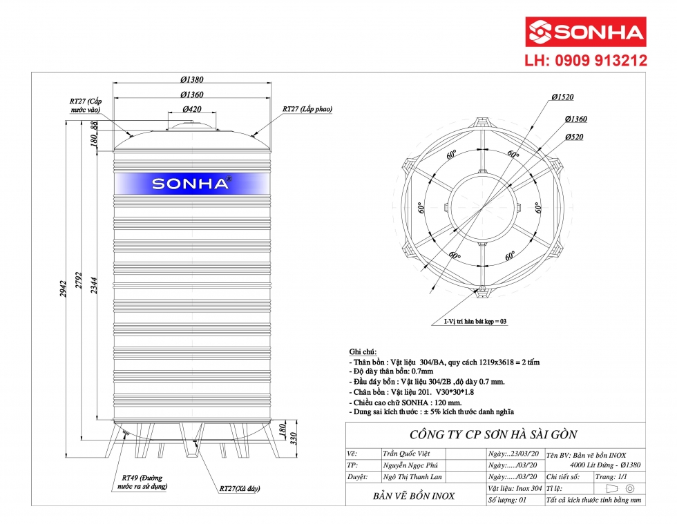 Bản vẽ bồn nước inox 4000 lít