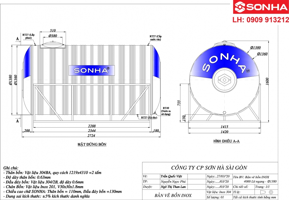 Bản vẽ bồn nước inox 4000 lít