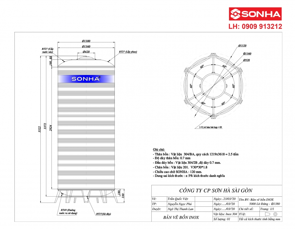 Bản vẽ bồn nước inox 5000 lít