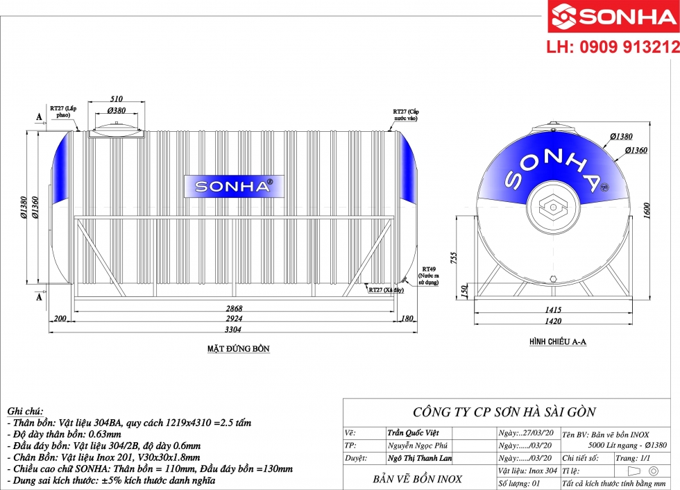 Bản vẽ bồn nước inox 5000 lít