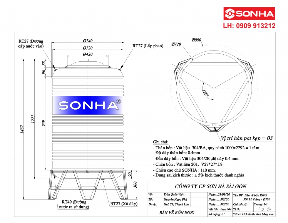 Bảng vẽ bồn nước 500 lít