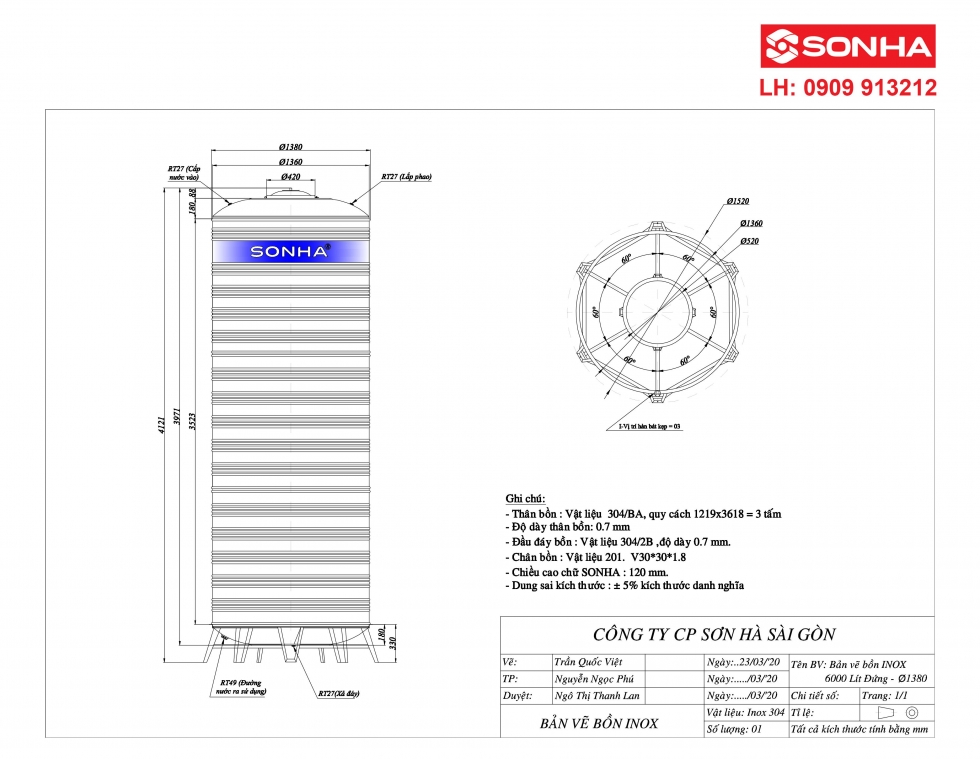 Bản vẽ bồn nước inox 6000 lít