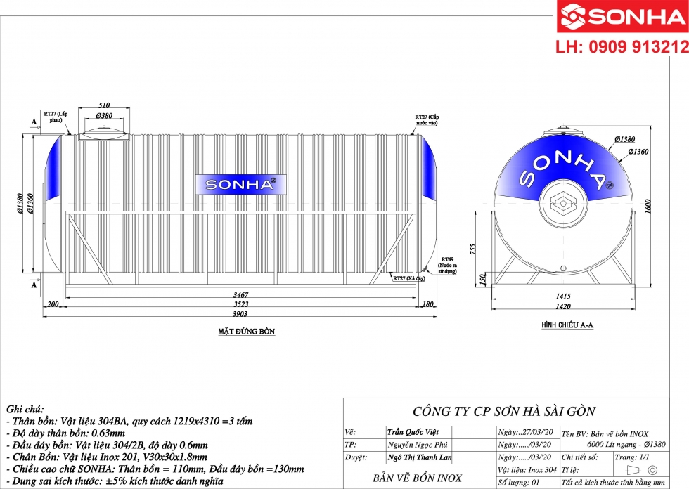 Bản vẽ bồn nước inox 6000 lít