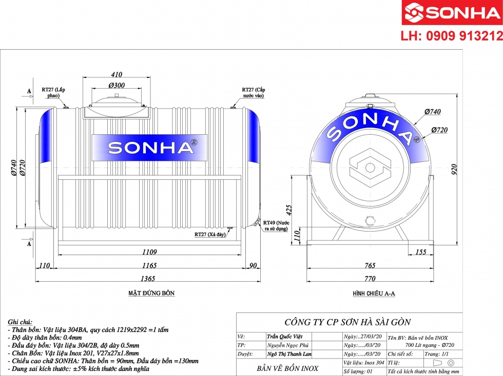 Bản vẽ bồn nước inox 700 lít