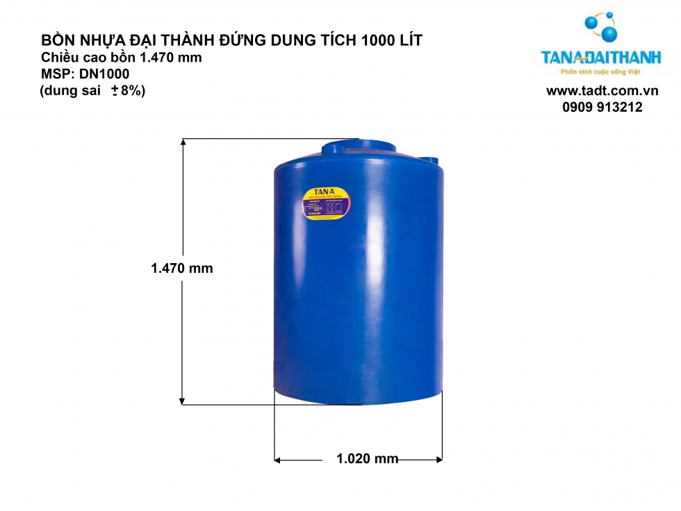 Kích thước bồn nước nhựa 1000L đứng