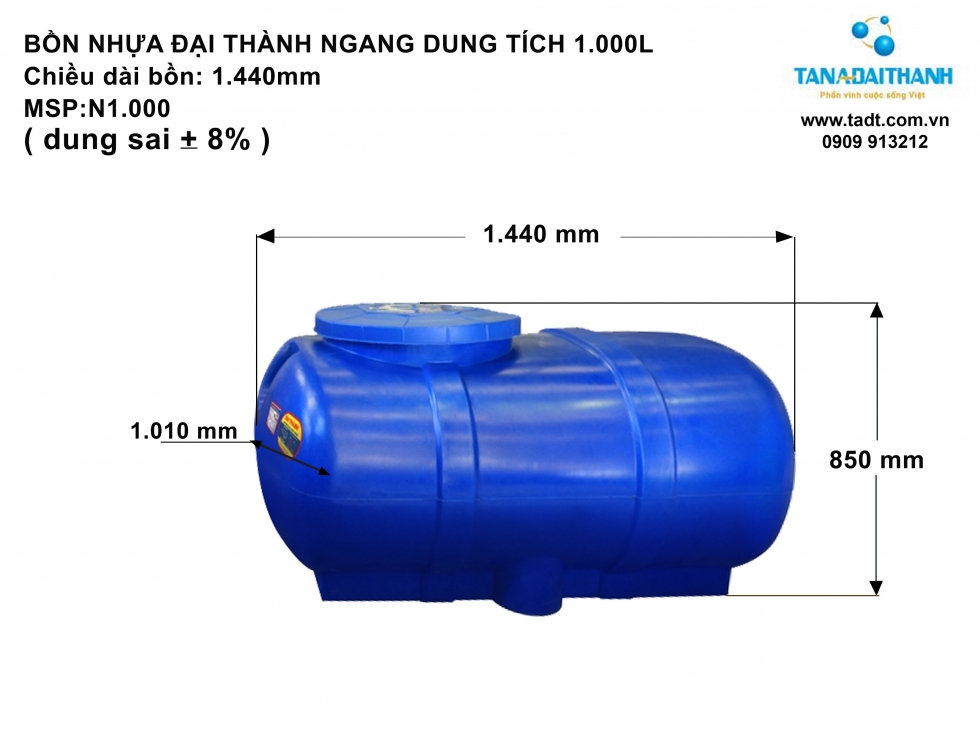 Kích thước bồn nước nhựa 1000L nằm