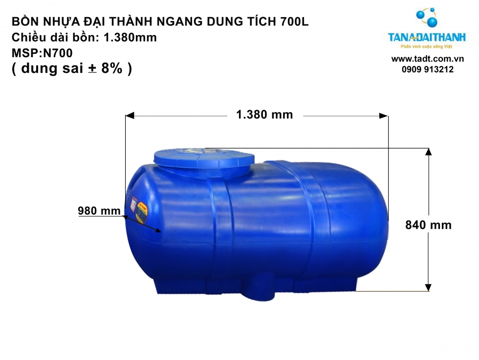 Kích thước bồn nước nhựa 700L nằm