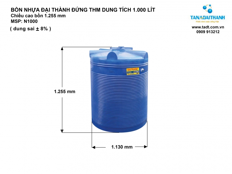 Kích thước bồn nước nhựa 1000 lít đứng