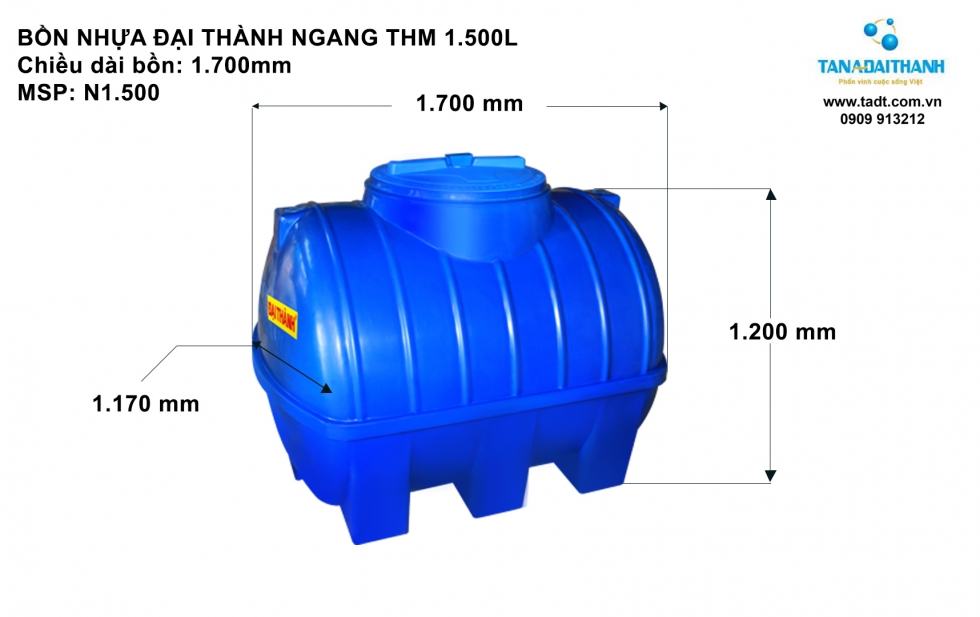 Kích thước bồn nước nhựa 1500L nằm