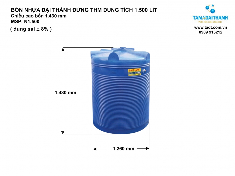 Kích thước bồn nước nhựa 1500L đứng