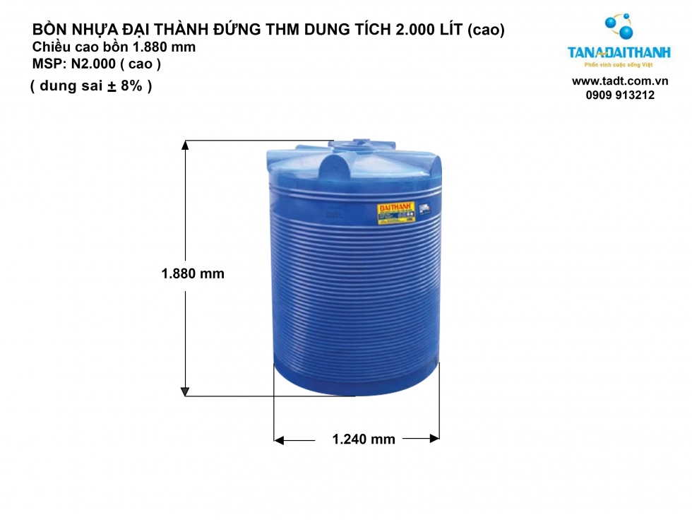 Kích thước bồn nước nhựa 2000L đứng 