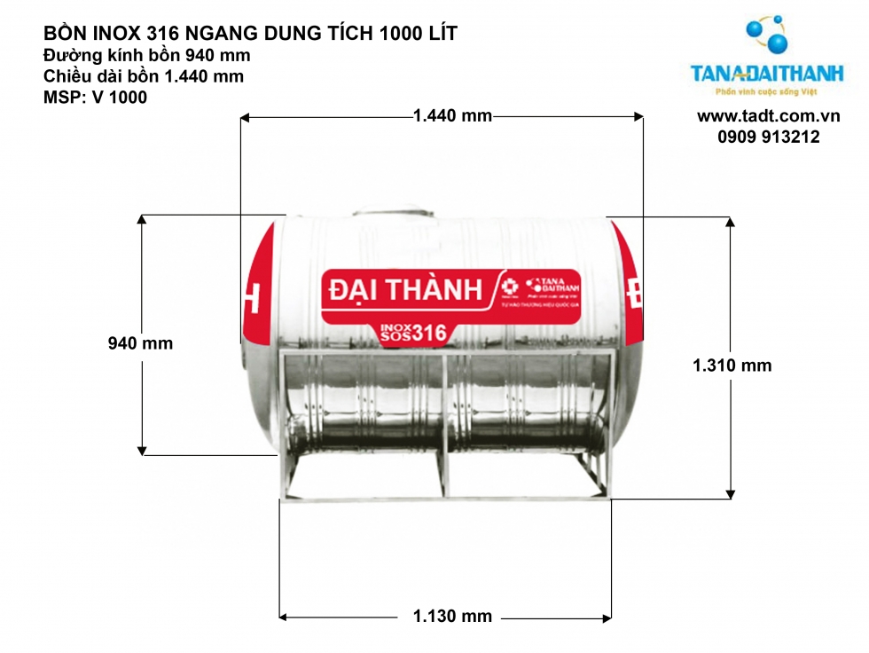 Kích thước bồn nước inox 1000 lít nằm ngang