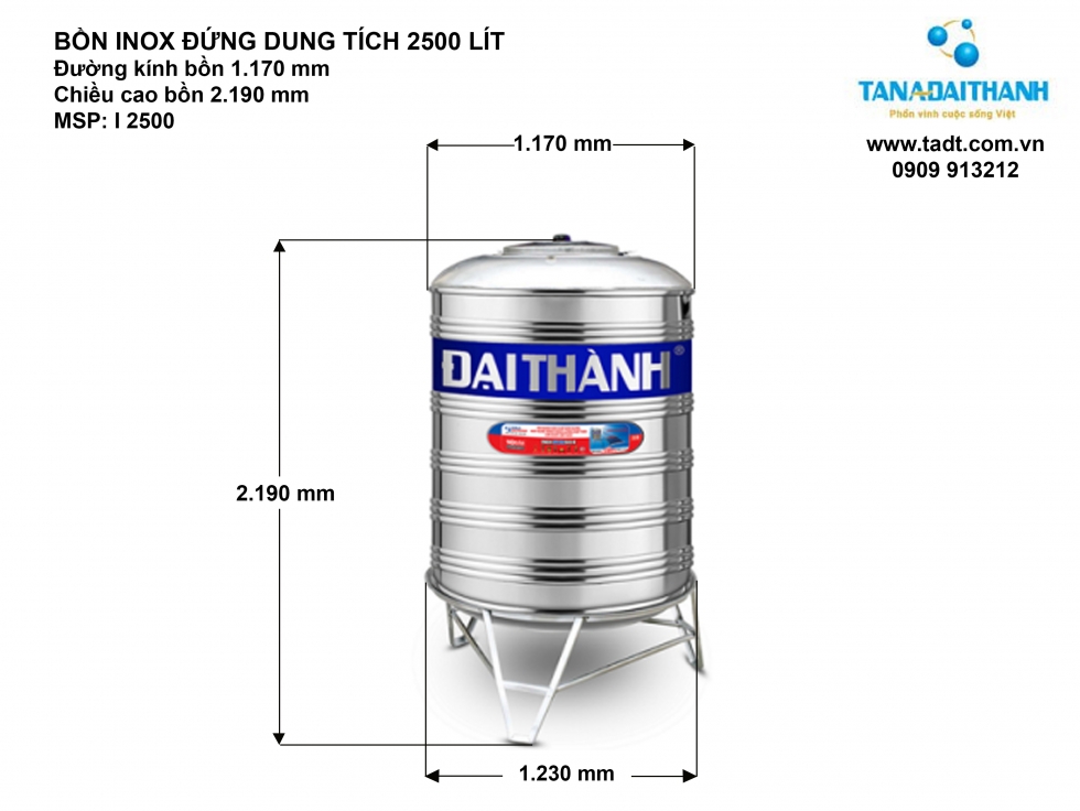 Thông số bồn nước inox 2500 lít đứng