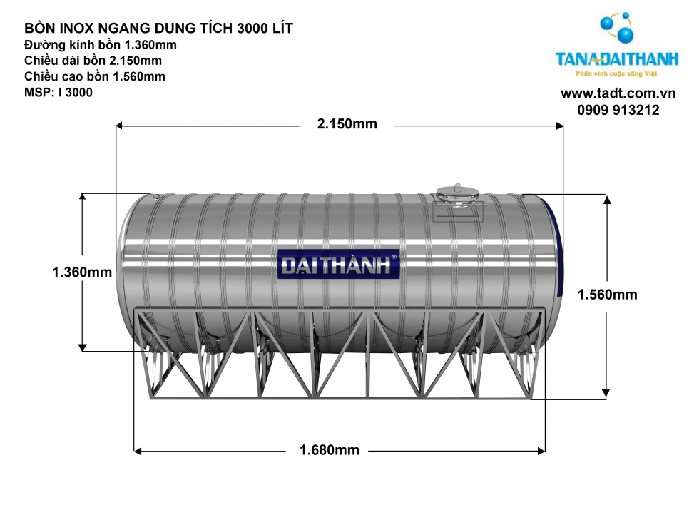 Kích thước bồn nước inox 3000L ngang