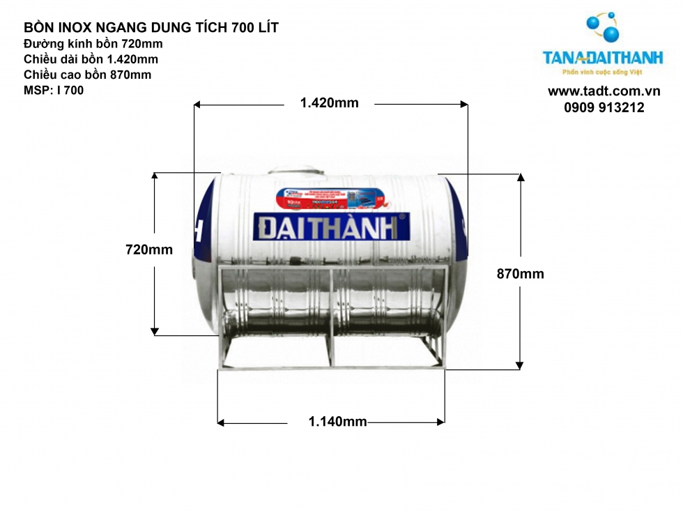 Kích thước bồn nước inox 700L ngang